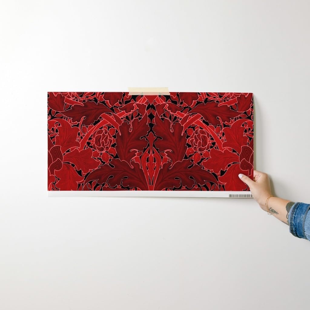 Peel & Stick Wallpaper Swatch - Damask Red Black Art Nouveau Victorian Floral Custom Removable Wallpaper by Spoonflower