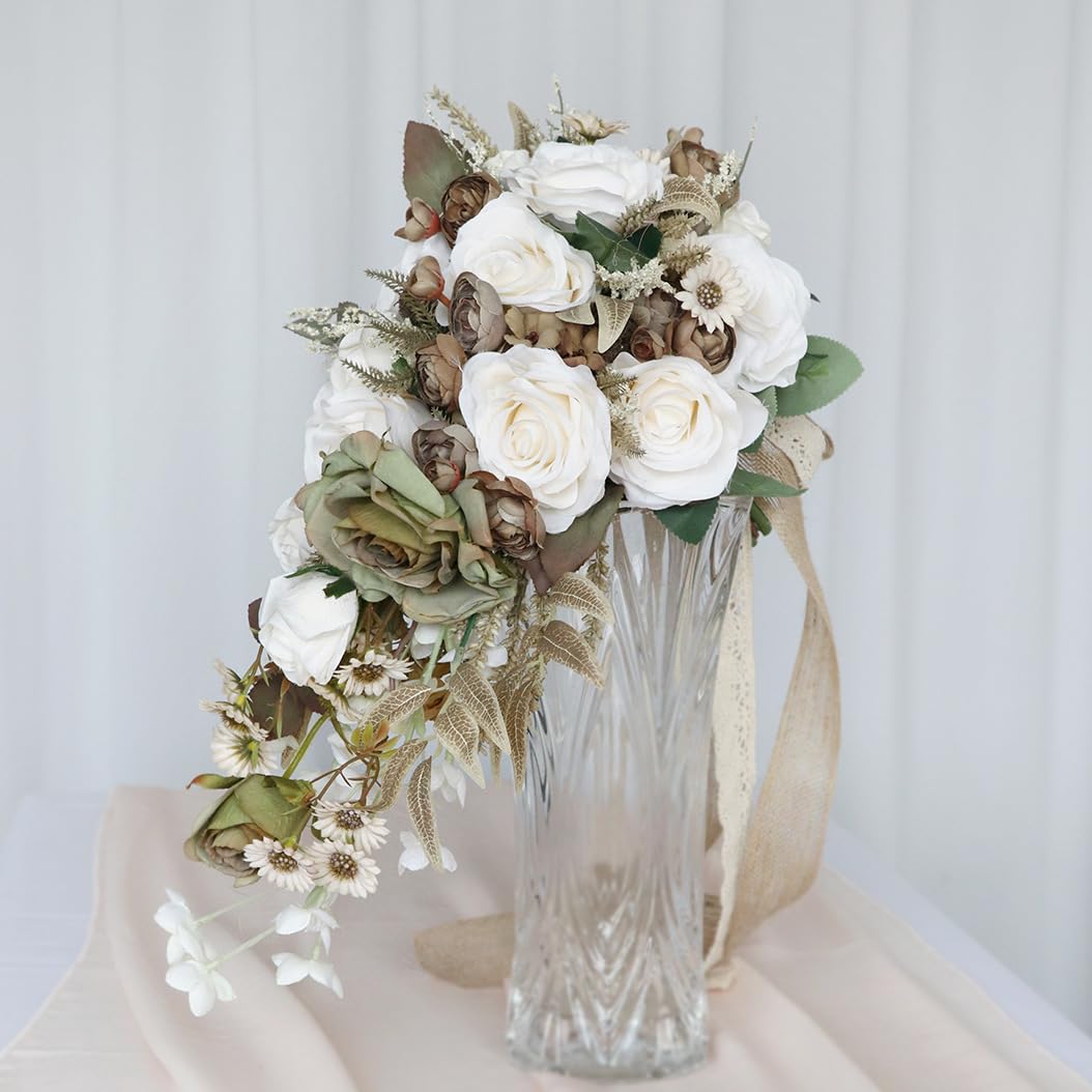 Hochzeit Wasser Tropfen Bouquet für Braut, Braut Wasserfall künstliche Sträuße für Zeremonie Jahrestag Partei Braut Dusche Hochzeit Blumen (Cremeweiß Khaki)