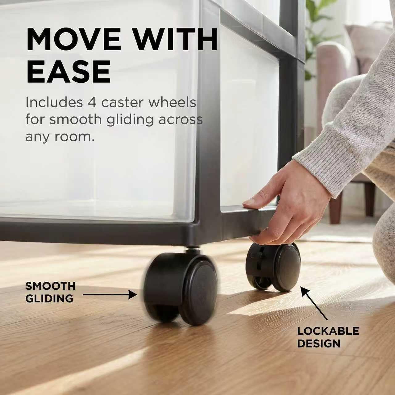 3 Drawer Rolling Plastic Storage Cart with Large Durable Clear Drawers and Removable Wheels, Suitable for Bedroom, Dormitory, Closet, Kitchen and Office (BLACK)