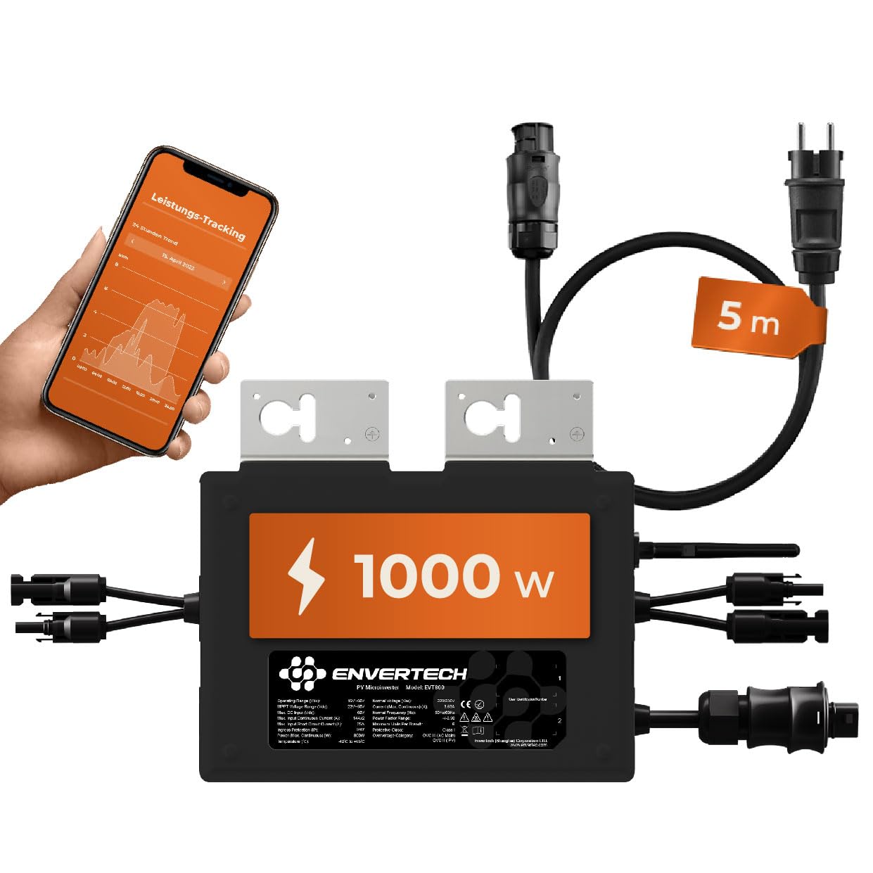 Solarway All In One Envertech - Microinverter da 800 W, energia solare e eolica con 5 m di cavo – inverter 800 W – Black Case – con app e WiFi (EVT-1000-B)
