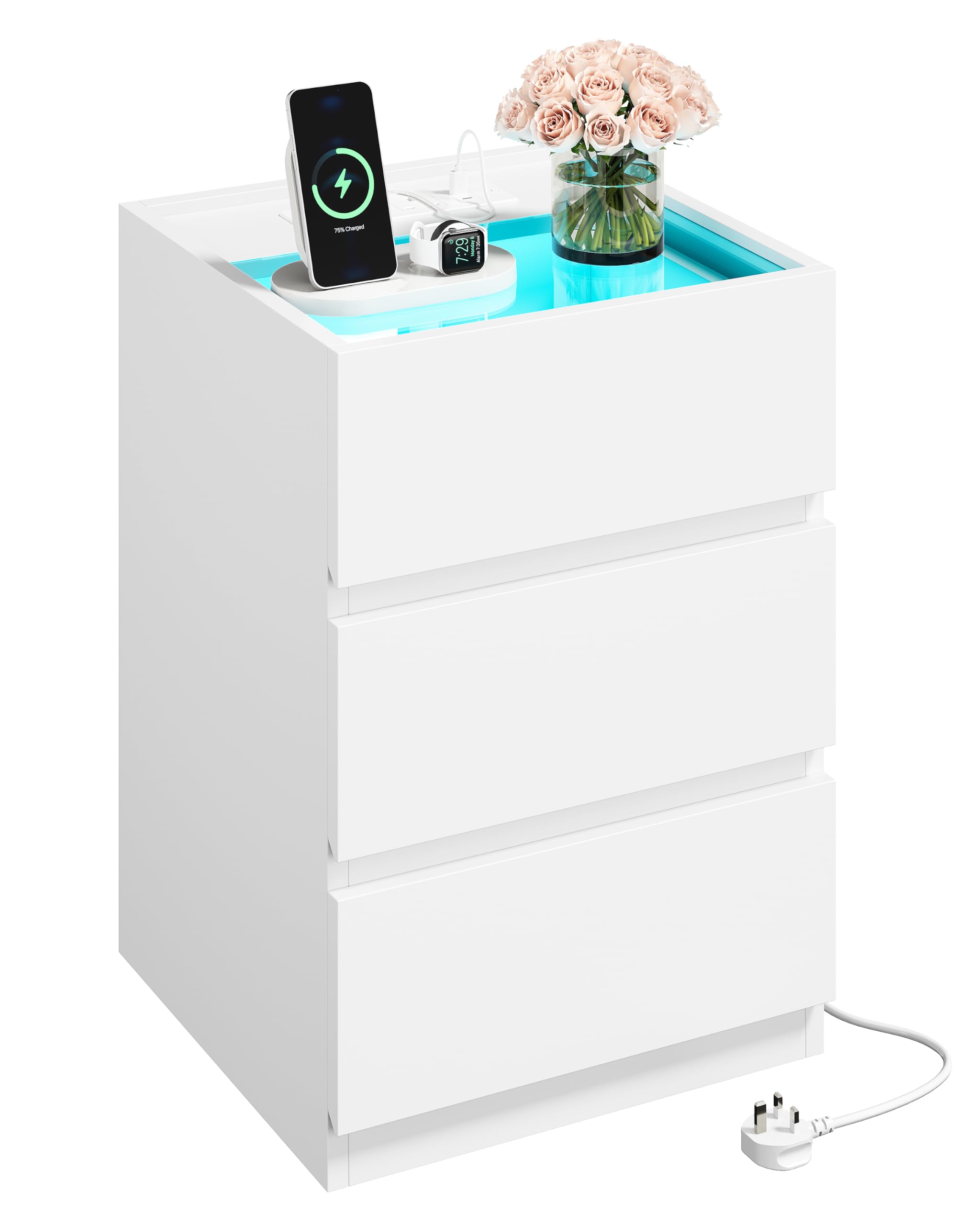 IRONCK Bedside Table Glass Top Bedside Cabinet with LED & Charging Station