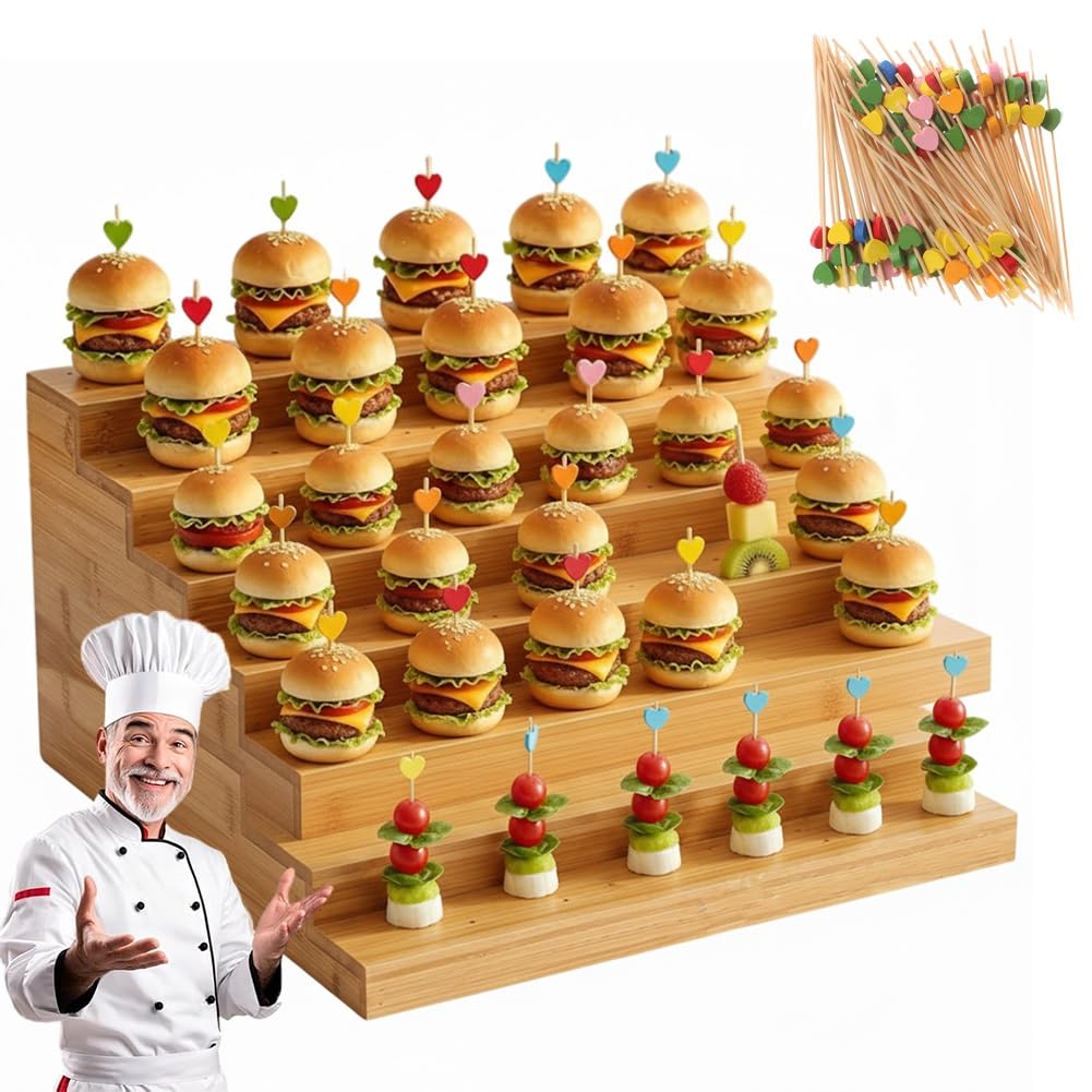 Bamboo Skewer Holder Food Display Stand with 100 Heart Shaped Picks Multi Level Appetizer Board for Fruit Cheese Meat Snacks Cocktail Party Serveware Accessories Wedding Catering Buffet(6-tire)
