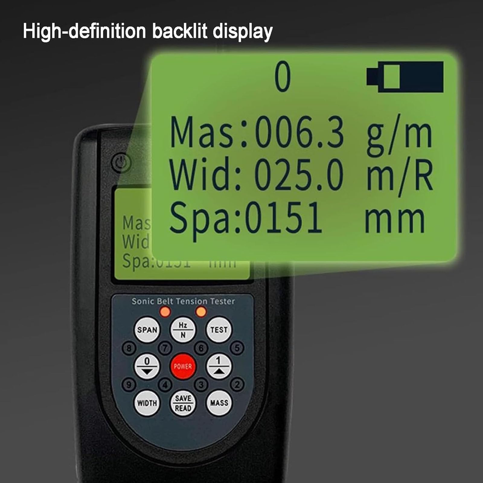 Medidor de tensión de correa, medidor de tensión acústico con pantalla LCD retroiluminada y sonda ajustable para correas en V multiacanaladas, rango de frecuencia 10Hz-680Hz