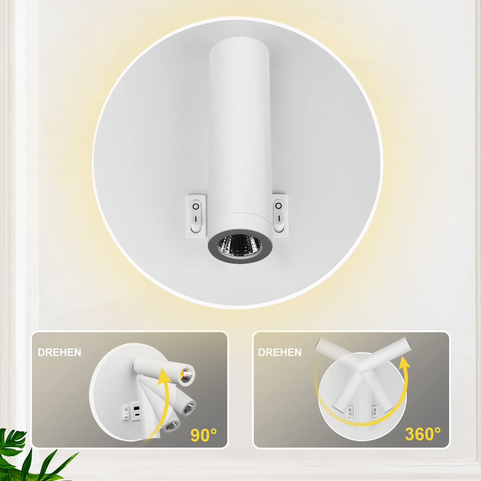 LED Lampada da Lettura USB Tipo-C Due Interruttore di Bocca di Carica Regolabile 12W LED Spotlight 3000K Lampada Da Parete In Alluminio Lampada Da Letto Rotabile (Tondo bianco)
