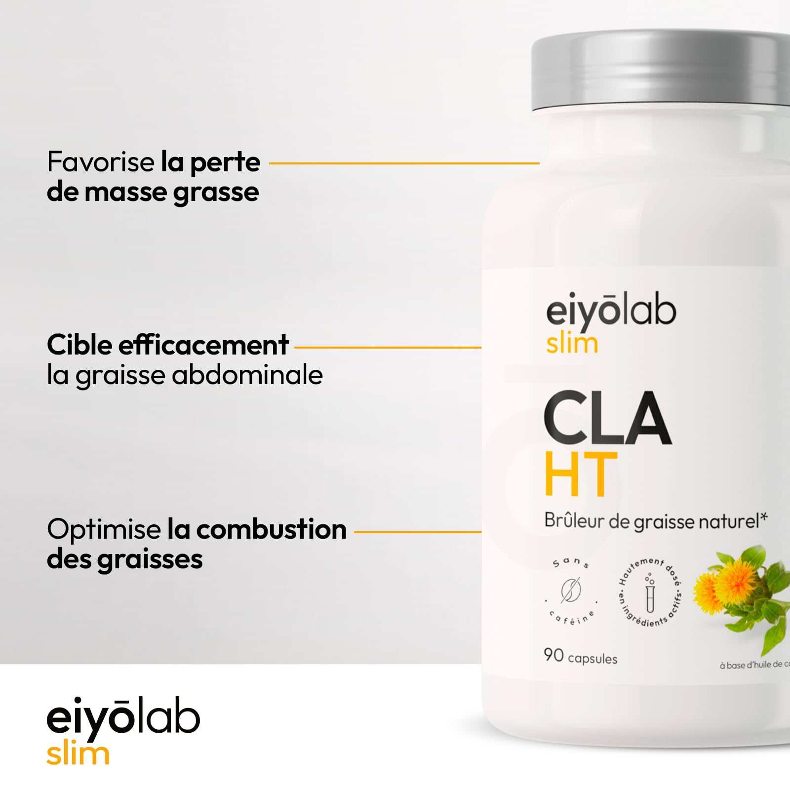 CLA HT | 3000mg par Portion | Bruleur de Graisse Naturel | Action Ciblée sur la Ceinture Abdominale | 80% d’Acide Linoléique Conjugué | 90 Capsules pour Homme et Femme | Made in France | Eiyolab