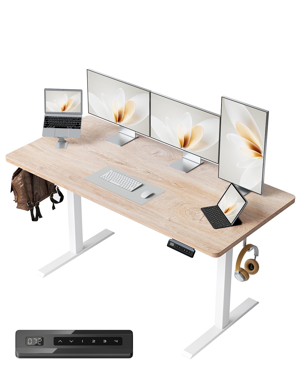 FEZIBO ONE-Piece Standing Desk 48 x 24 Inch, Height Adjustable Desk with 4 Memory Buttons, Electric Sit Stand Desk, Home Office Table, Maple