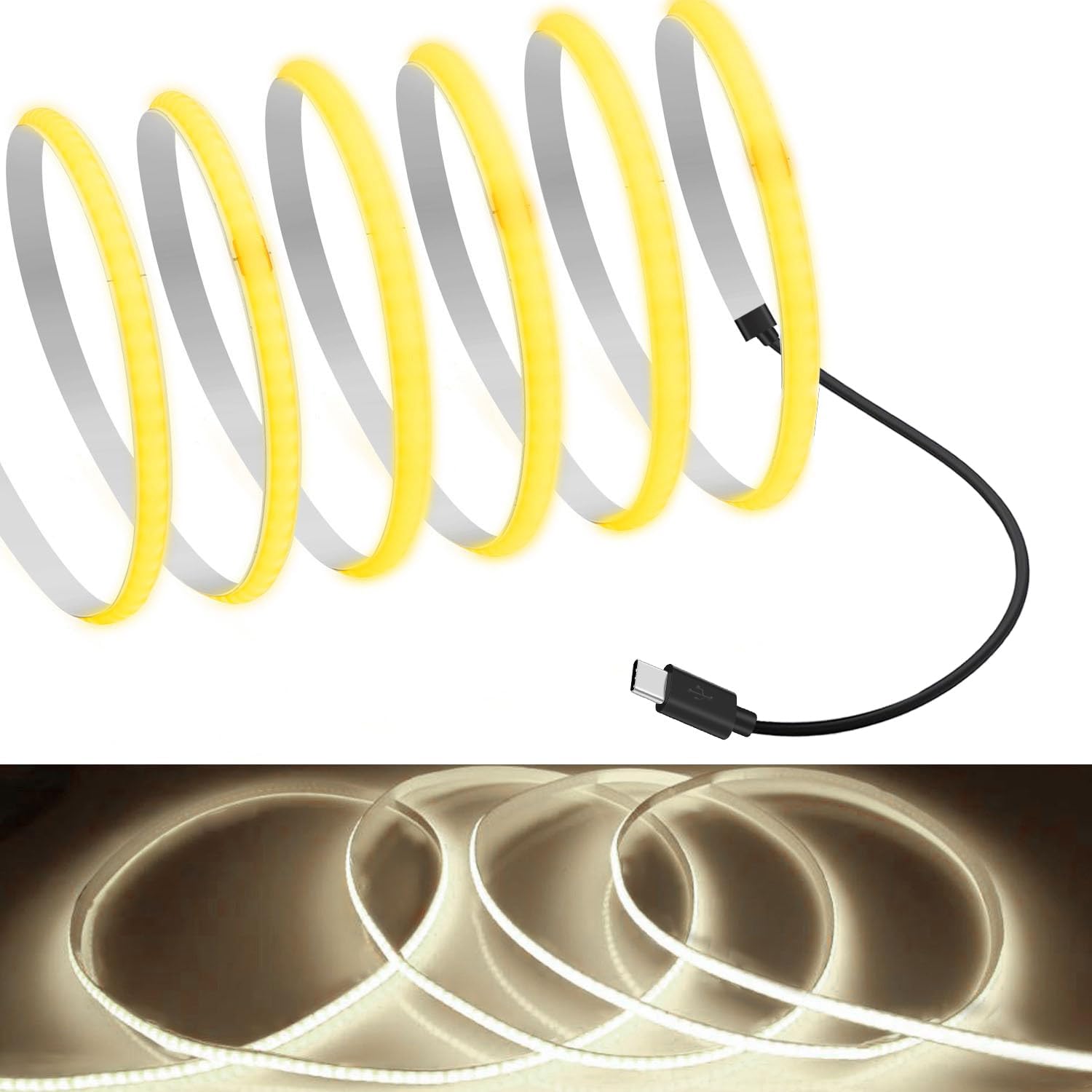 MDee】Type C COB Tape Light LED Strip 1.64ft/0.5m- Flexible 5mm Hidden DC 5V LED Tape with 320 LEDs/m for Warm White (4000K) Lighting. Cuttable, Shapeable, Type C Powered. Ideal for Kitchen