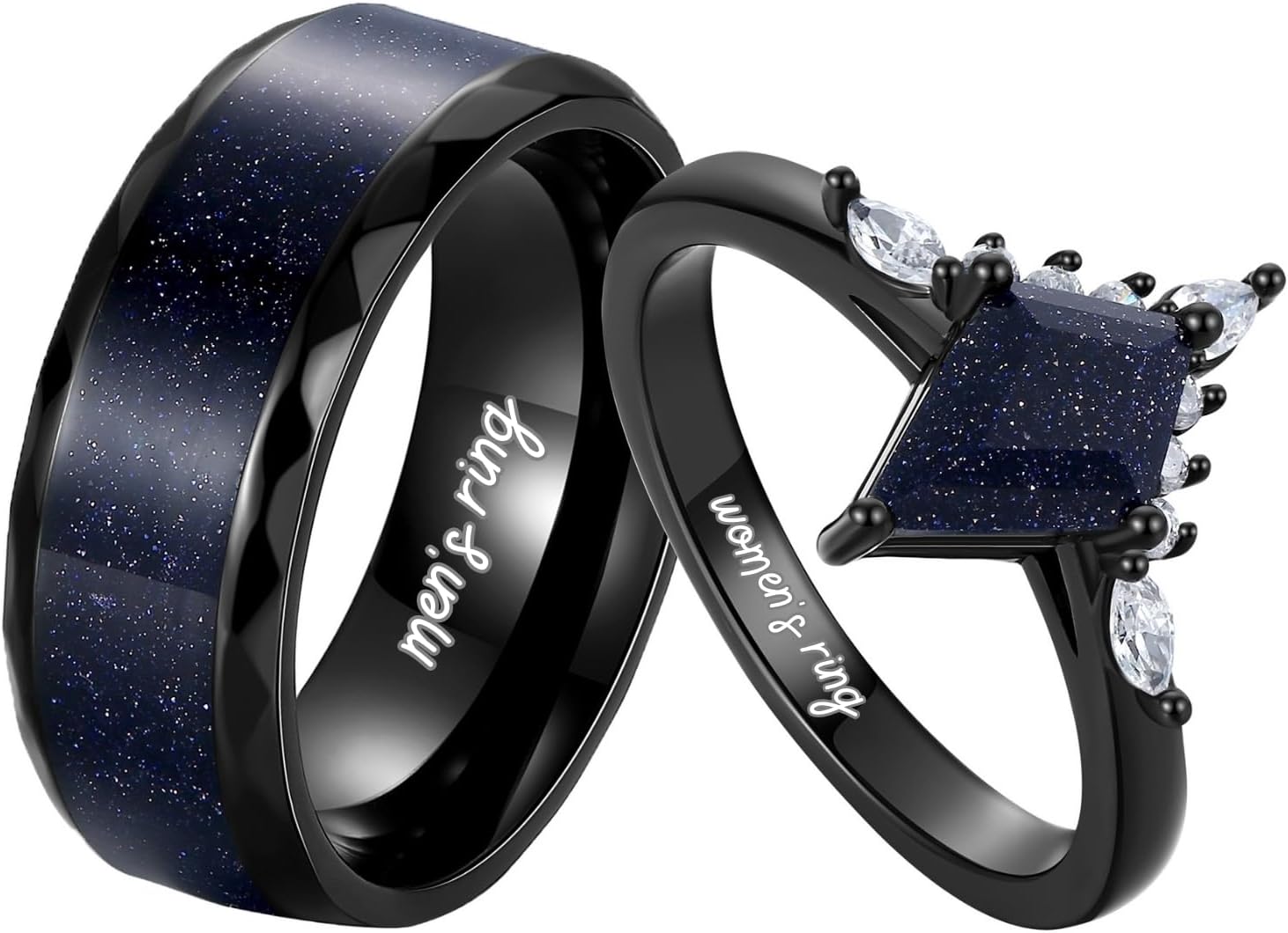 Personalized Engraved Blue Sandstone Couple Rings - Custom Pear Cut, Kite Cut, Hexagon Cut Engagement and Promise Sets