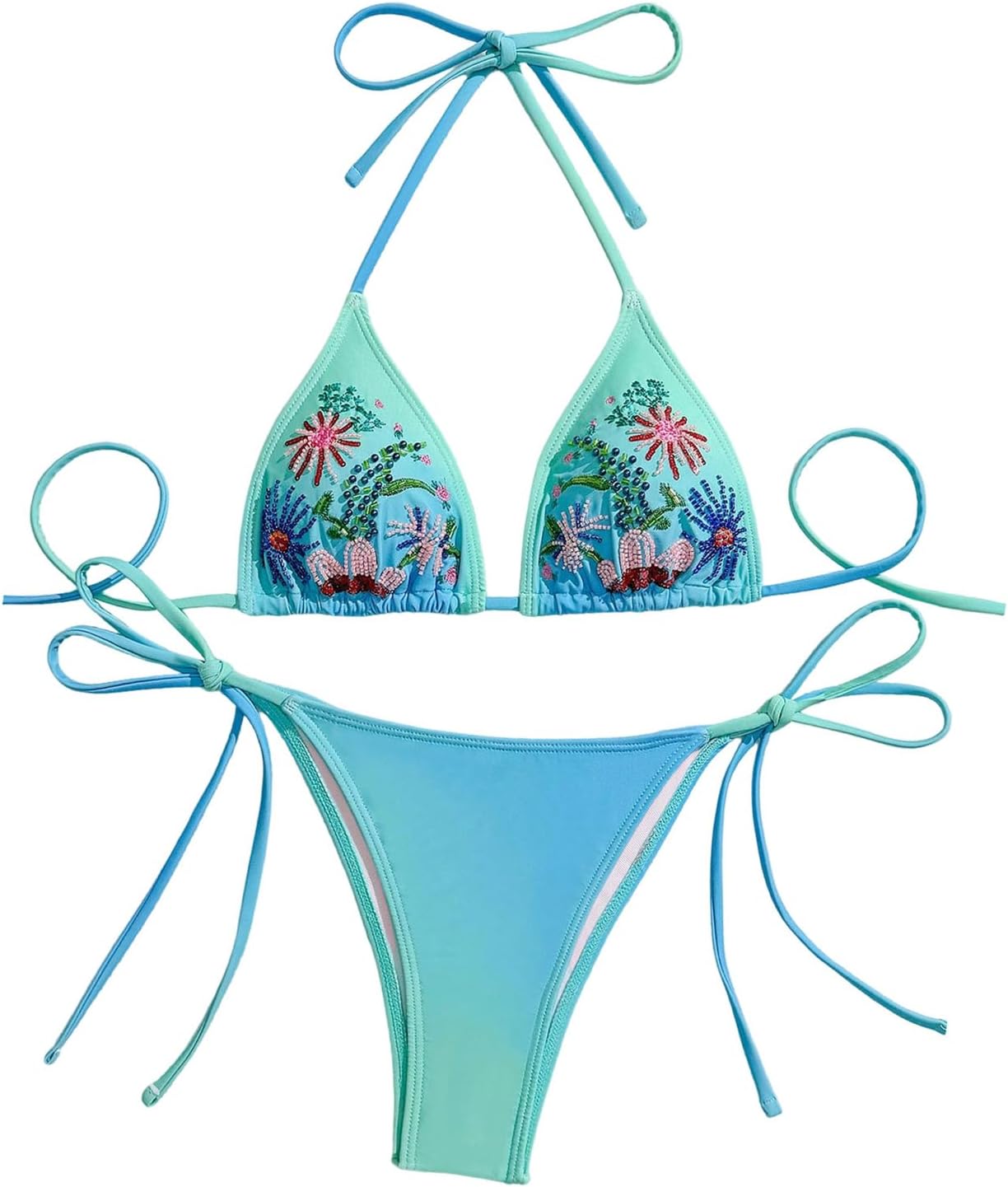 Women's 2 Piece Bikini Sets Floral Beaded Triangle Halter String Swimsuit High Cut Bathing Suit