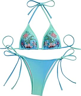 BEAUDRM Women's 2 Piece Bikini Sets Floral Beaded Triangle Halter String Swimsuit High Cut Bathing Suit Price In India