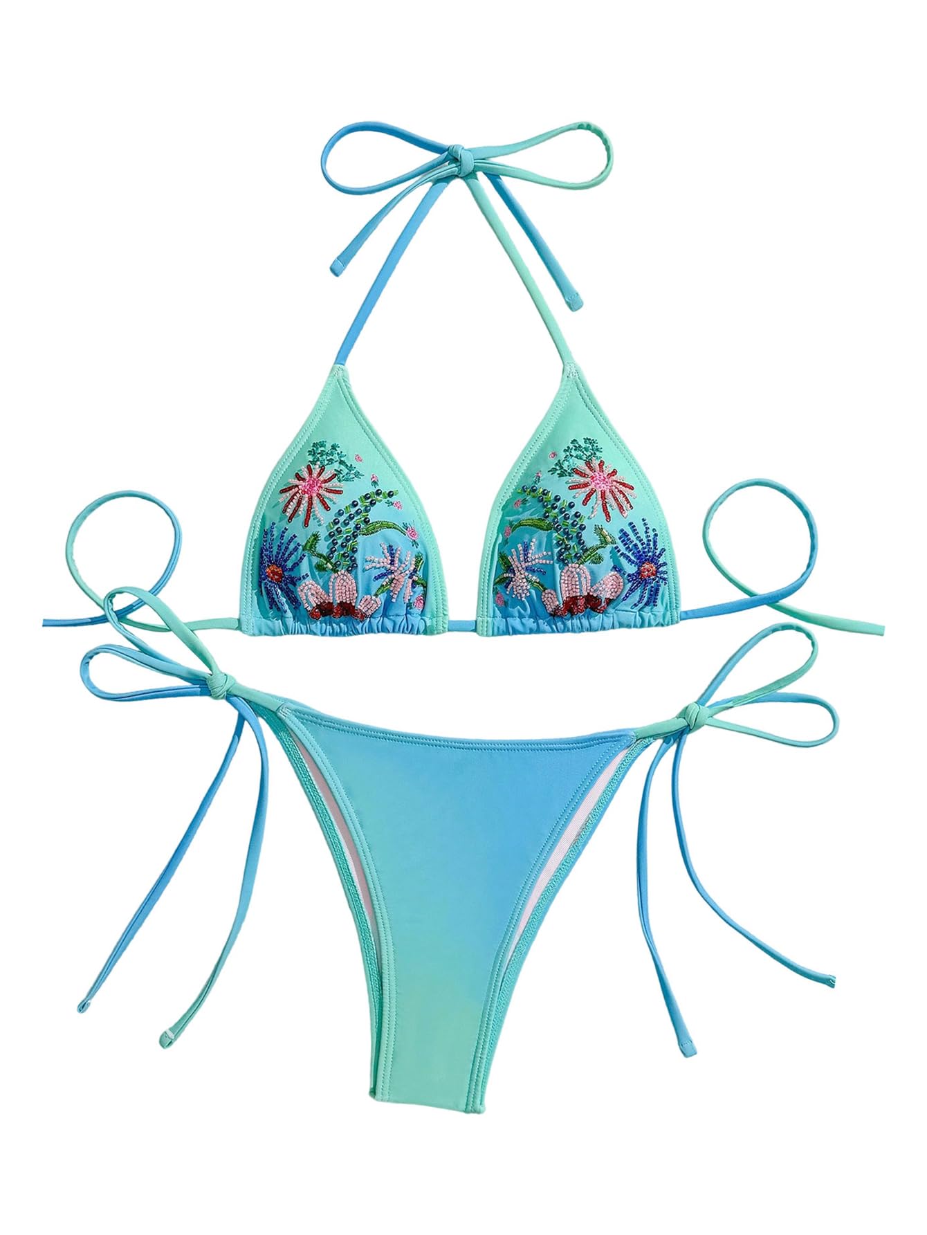 Women's 2 Piece Bikini Sets Floral Beaded Triangle Halter String Swimsuit High Cut Bathing Suit-image-33