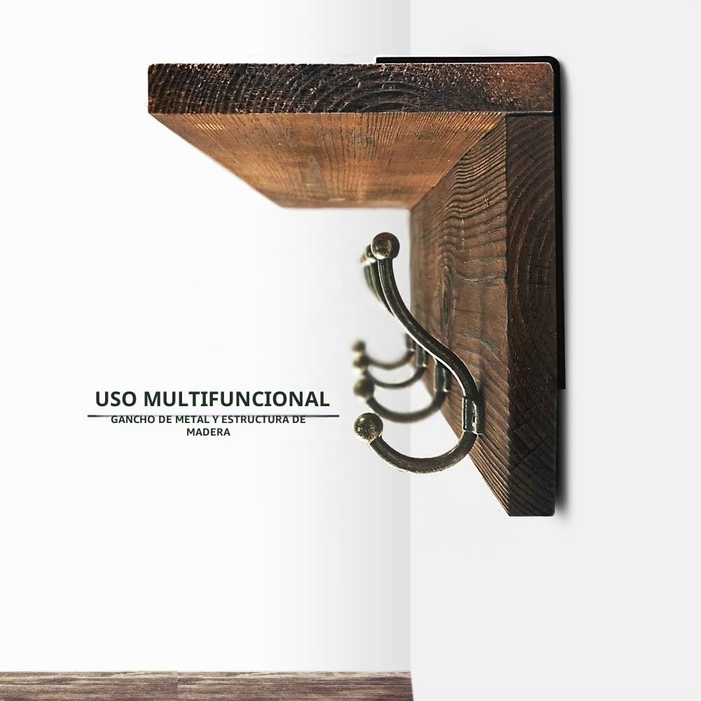 Perchero rústico montado en la pared, estante de entrada de madera maciza marrón con ganchos, toque perfecto para tu vestíbulo, cocina, baño y más