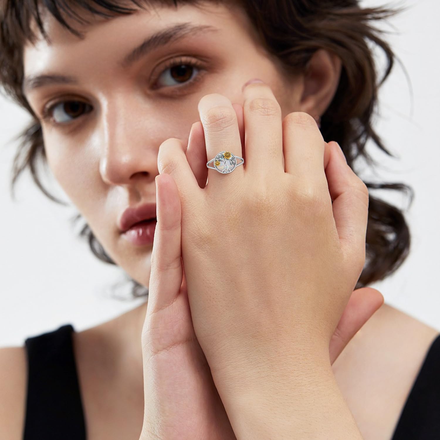 CHENGHONG Sunflower Ring for Women 925 Sterling Silver Opal Sunflower Ring Sunshine Flower Jewelry Gifts for Mom - Image 4