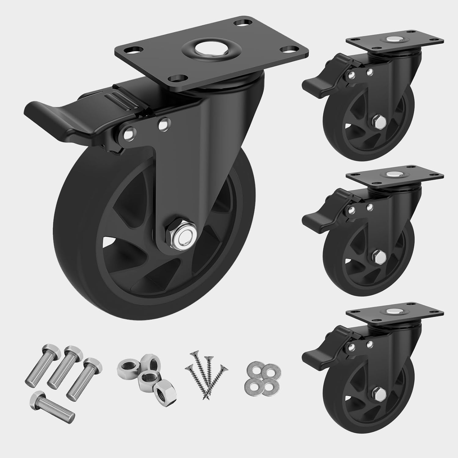 5 Inch Caster Wheels,Set of 4 Heavy Duty,Black Industrial Casters with Brake, Locking Casters for Furniture and Workbench for Cart,Top Plate Swivel Wheels and Load 2400lbs （Two Hardware Kits Include