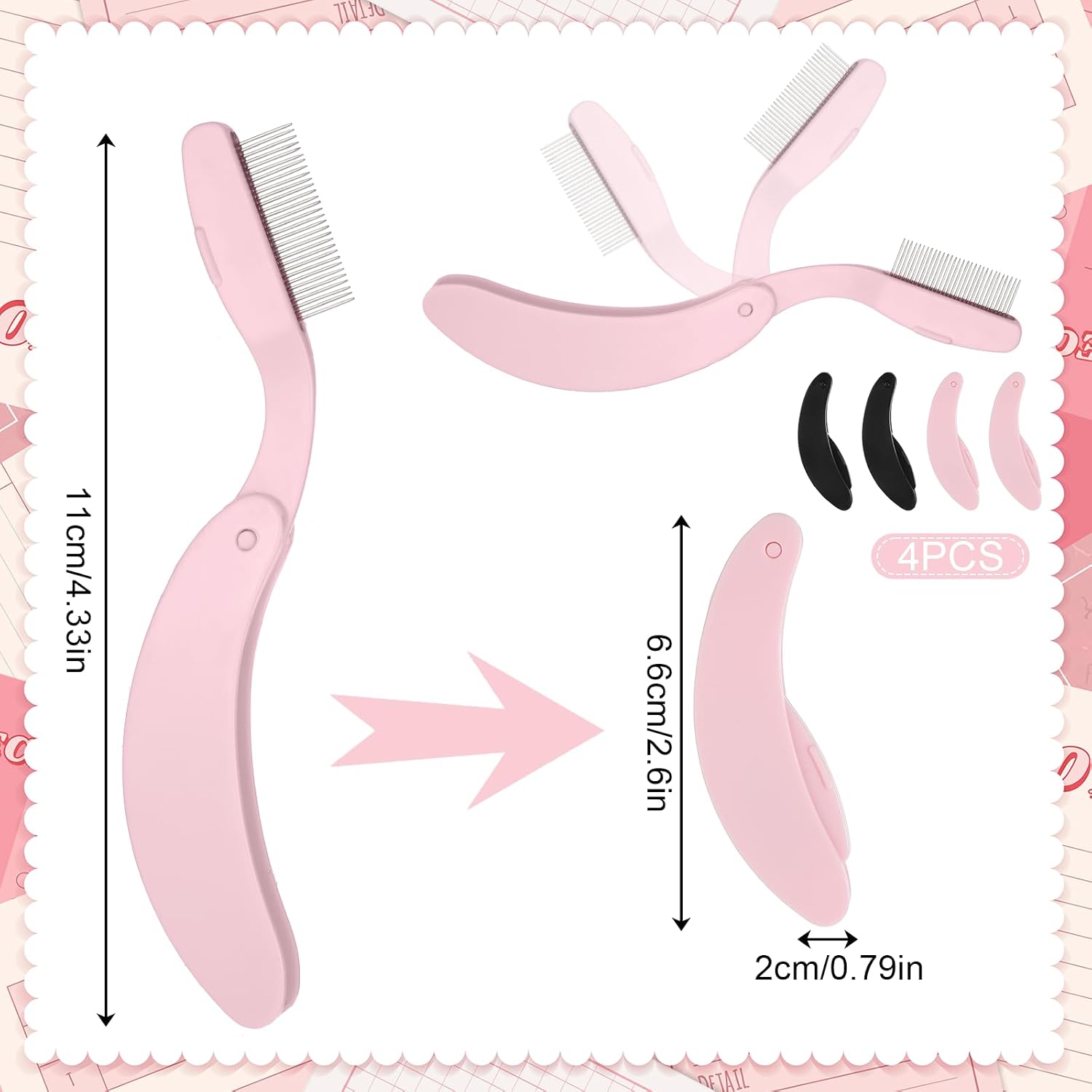 4 Pack Eyelash Separator Tool, Folding Eyelash Comb, Stainless Steel Teeth Lash Separator Tool, Lash Comb Makeup Eyebrow Mascara Applicator Brush Cosmetic Brushes Tool