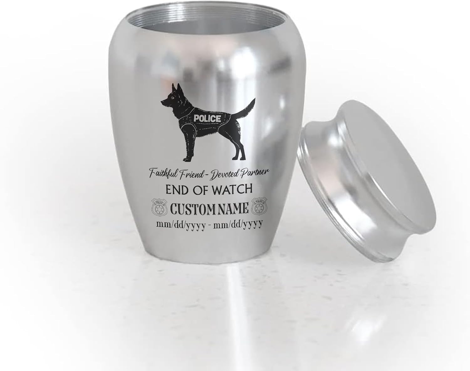Artsy Woodsy Personalized Police Dog Mini Urns for Pet Ashes 2.56x1.77, Decorative Keepsake Small Urn for Ashes, Police Officer Dog Memorial Sympathy Gifts for Loss of Dogs (01)