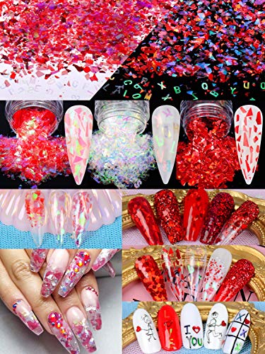 Warmfits Holographic Nail Glitters Red Glitters Heart Lip Shaped Nail Glitters Sparkle Acrylic Nail Sequins Valentine Nail Designs Mixed Size Powder For Craft Nail Art Painting Hair 12 Boxes #TOP2