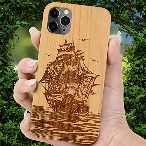 Iproductsus Compatible With Iphone 13 Pro Max (6.7") Wood Phone Case And Screen Protector, Real Cherry Pirate Boat Engraved In Usa, Cool Wooden Tpu Protective Cover For Iphone 13 Promax 2021 #TOP6