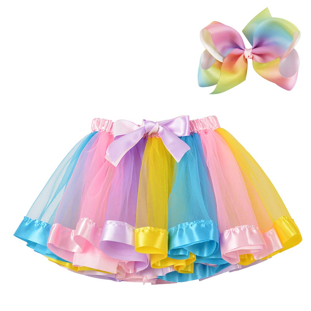 BGFKS Layered Ballet Tulle Rainbow Tutu Skirt for Little Girls Dress Up with Colorful Hair Bows (Light Rainbow, L,4-8 Age)