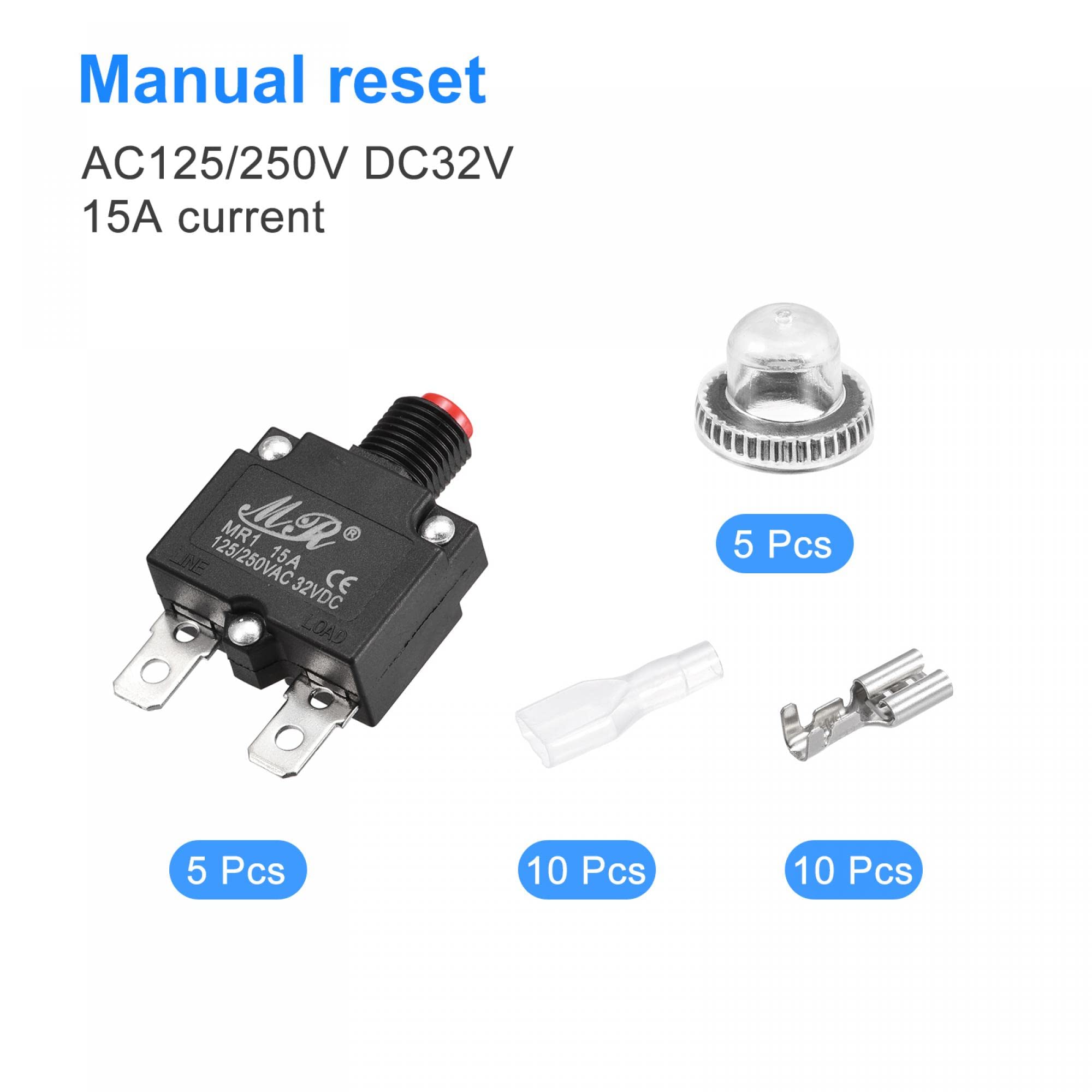 5-Pack Uxcell 15A Thermal Circuit Breaker – Overload Protector, AC125/250V DC32V – Mini Size
