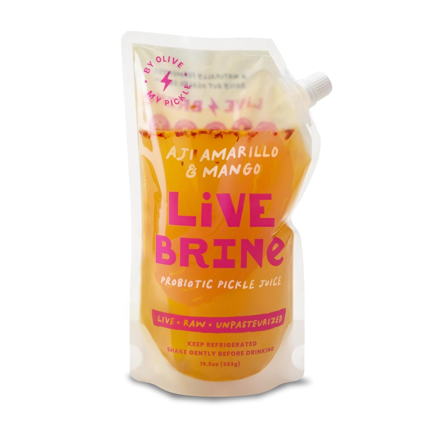 Olive My Pickle Probiotic Pickle Juice - 19.5 Ounces | 1 Pack Bundle of LiveBrine Aji Amarillo & Mango Pickle Juice with Natural Probiotics and Digestive Enzymes for Gut Health - 13 Pickle Shots