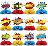 12 Pcs Hero Table Honeycomb Centerpieces, Hero Theme Happy Birthday Party Decorations for Women Men, Fun Action Standing Card Party Decor Party Supplies