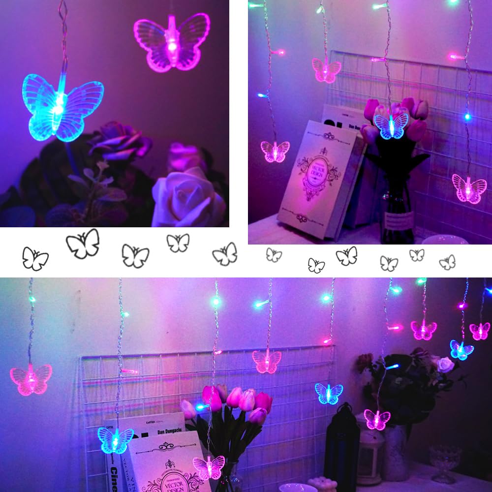 Butterfly Curtain Lights 120 LED 19.7FT USB Powered 8 Modes Remote Window Curtain Lights with 24 Butterflies Waterproof Twinkle Lights for Bedroom Christmas Holiday Party Decoration (Multi-Pinky)