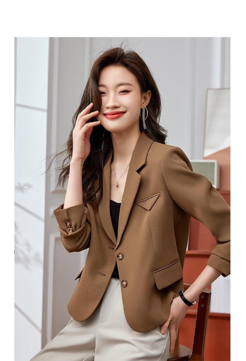 Blaser Jacke Damen,Damen-Blazer Mit Langen Ärmeln, Gekerbtes Revers, Lässige Strickjacke Mit Offener Vorderseite, Beige, Weiße Dreieckige Taschen, Knöpfe, Mantel, Abendanzugjacken, Business-Smar