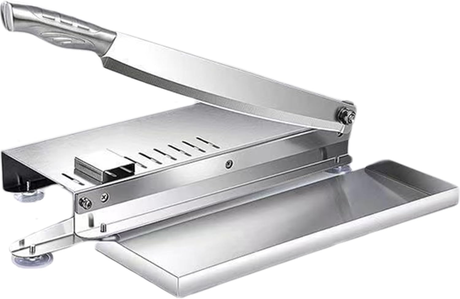 Stainless Steel Manual Meat Slicer with Scale Food Tray – Labor-saving Bone Cutter with Non Slip Handle Suction Cup for Kitchen