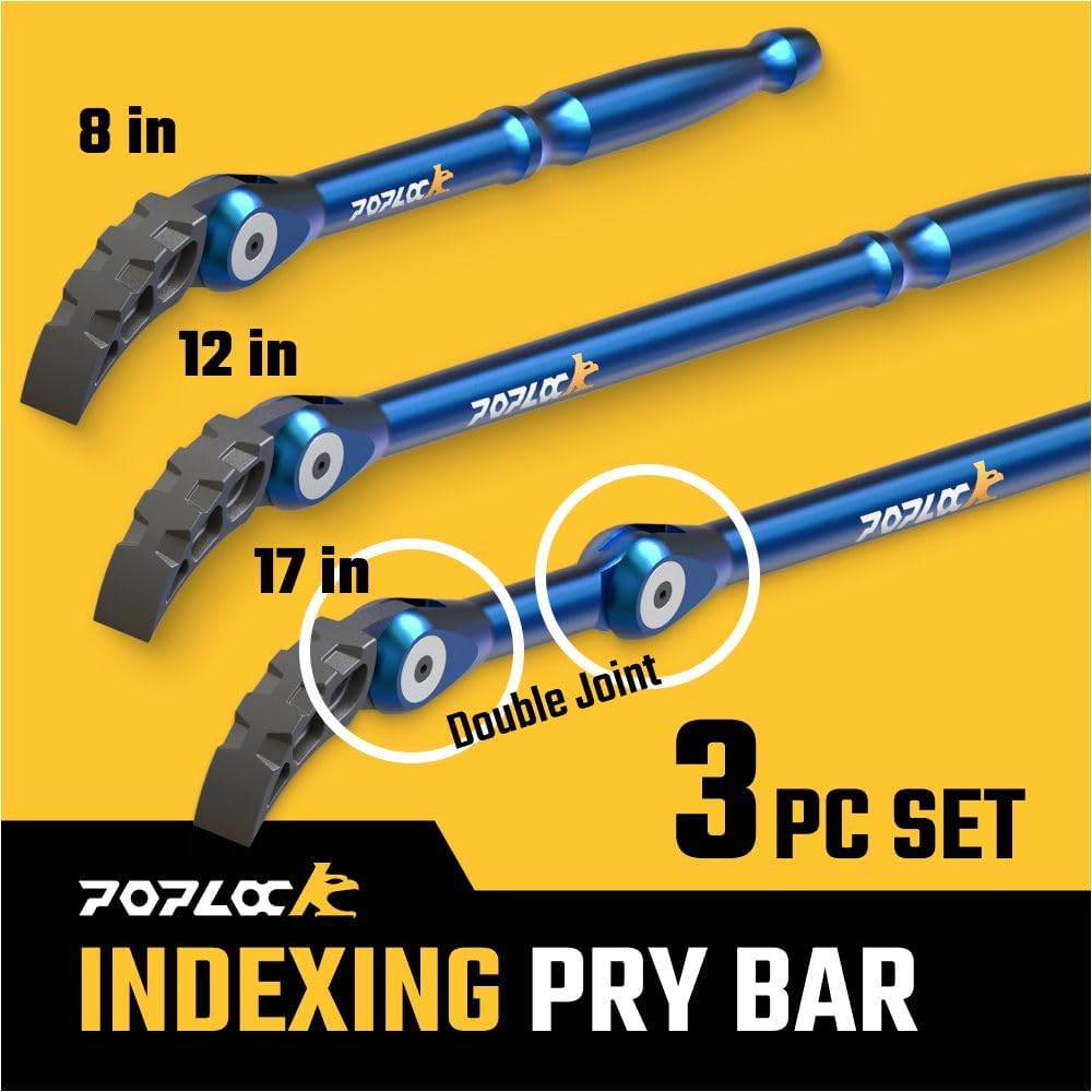 Poplock 3 Piece Indexing Pry Bar Set – Adjustable Automotive Pry Bars 8", 12" with 121 Positions Double Joint 17" | Heavy Duty Trim & Panel Removal Tool for Mechanics