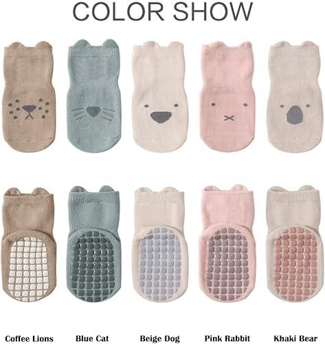 Miniatura 2 de Exegawe Calcetines antideslizantes para niños pequeños, bonitos calcetines de bebé con puños de cuello redondo, 5 pares