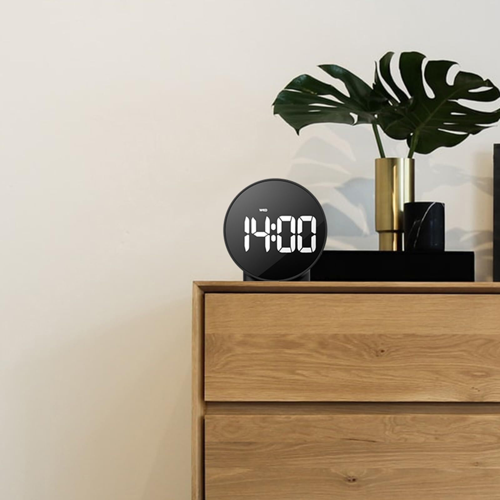Wecker für den Schreibtisch, digital, klein, rund, einstellbare Helligkeit, für Schlafzimmer, Nachttisch, Büro (weiße Schale)