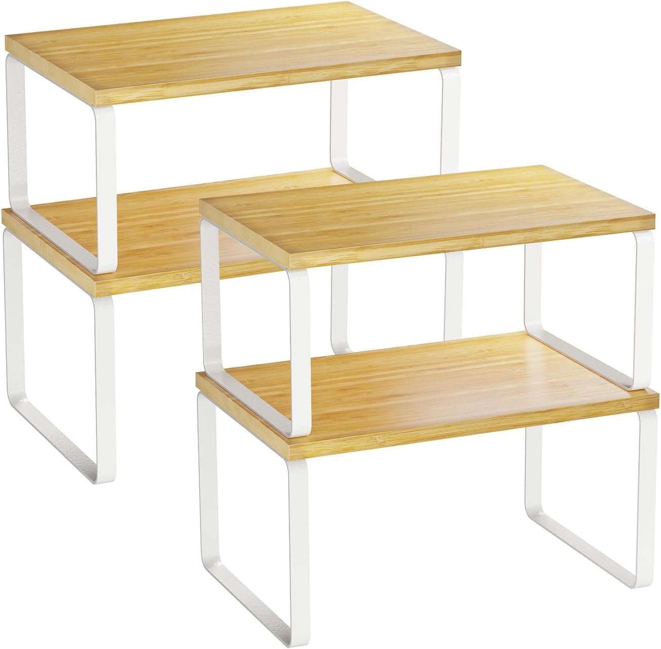 Simple Trending Bamboo Cabinet Organizer Shelf, Set of 4 Kitchen Counter Shelves, Stackable Expandable Spice Rack Pantry Cupboard Organizer, White and Natural