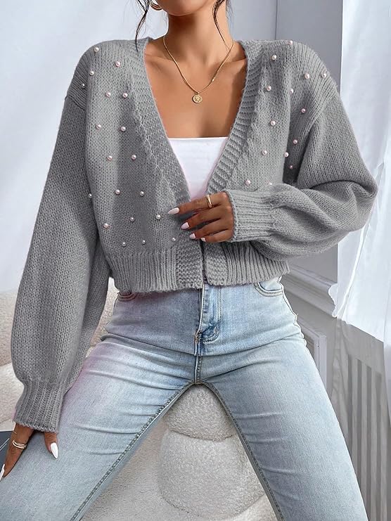 Image of SHENHE Women's Pearl Beaded Open Front Cardigan Oversize V Neck Drop Shoulder Cropped Sweater
