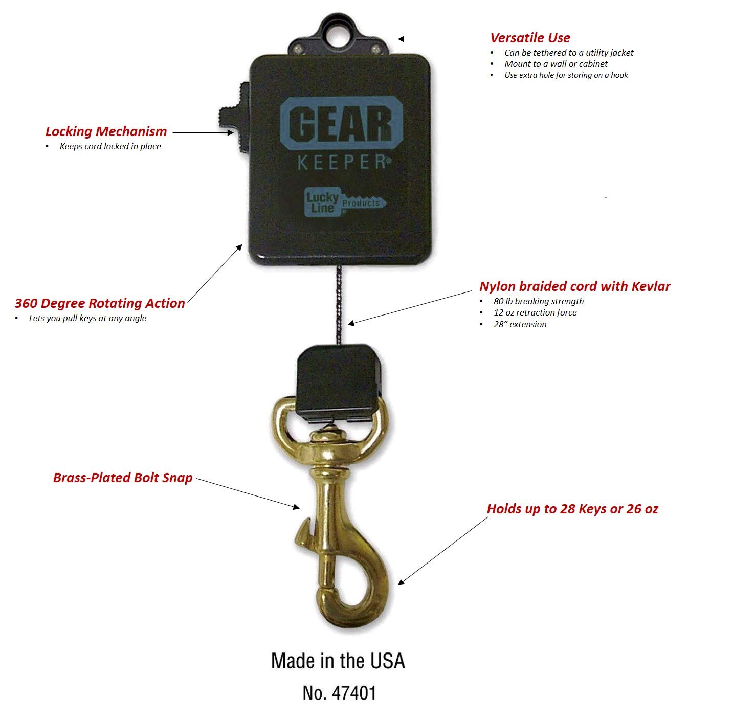 Lucky Line Ultra High Force Gear Keeper, Retractor de Llave de Resistencia Industrial suministrado con Broche de Perno Chapado en latón, Cable Kevlar de 28 Pulgadas, Resistencia a la Rotura de 80