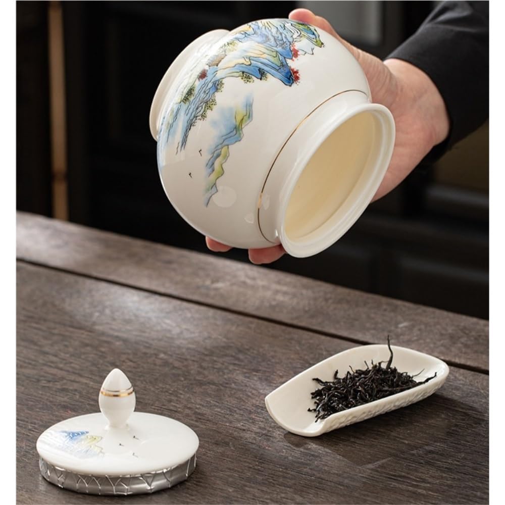 Lata de té Recipiente de Porcelana Blanca for almacenar té Suelto, Tarro cerámica Sellado, Juego Chino, Caja Regalo con Frasco Individual o Doble Carrito de té(Single Can)