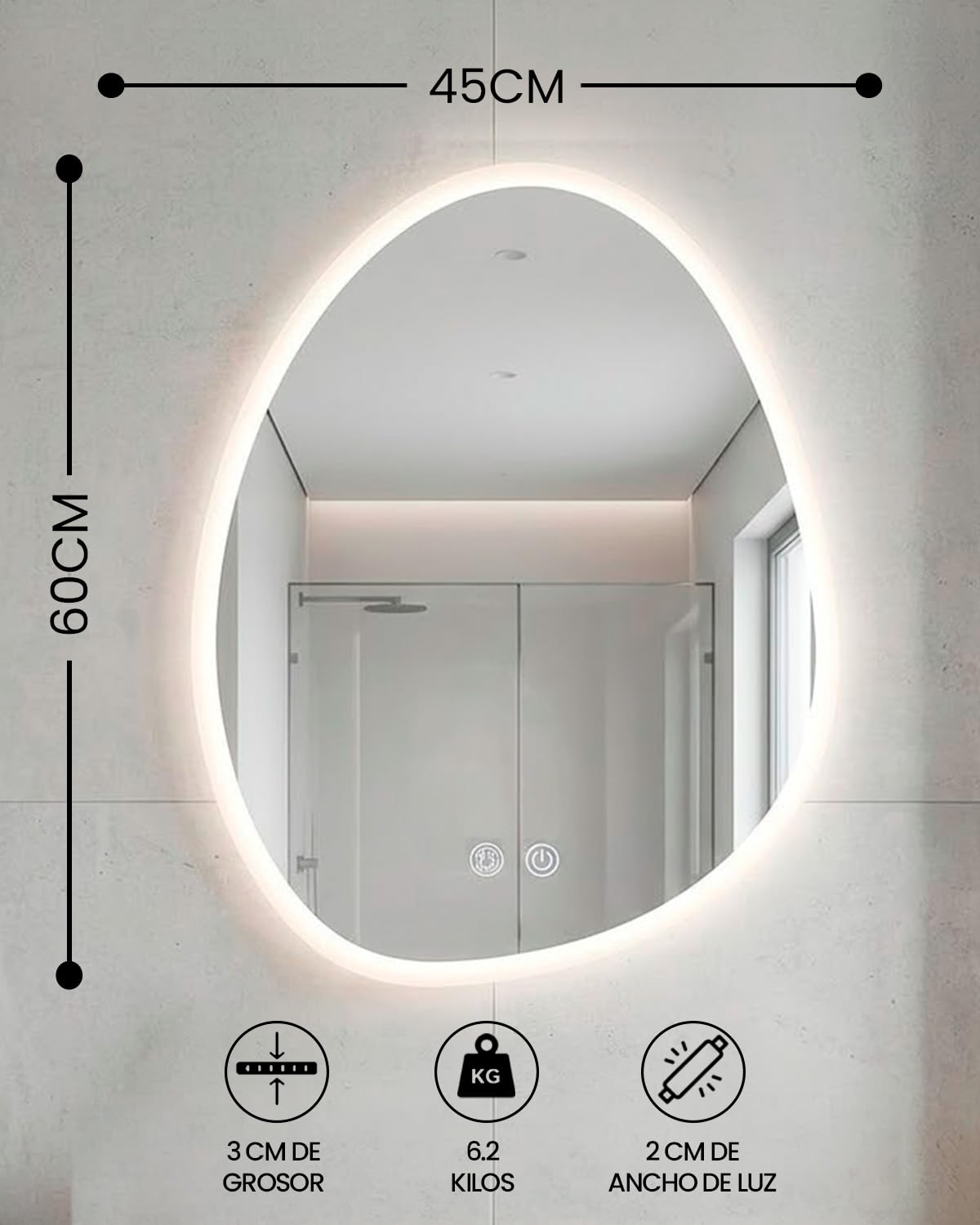 Marctani Espejo Baño Irregular con Luz LED Regulable en 3 Colores - Espejo de Pared ANTIVAHO con Ajuste de Brillo e Interruptor Táctil - Espejos Inteligente (Irregular 60x45 cm)