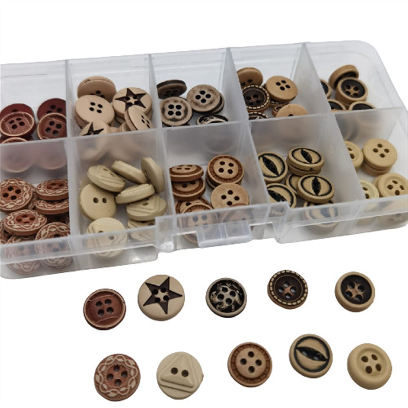 Szycie Newsnow Ozdoby do szycia, guziki do ubrań, przypinki do kurtek, 100 sztuk/pudło 11-12 mm plastikowe 2/4 otwory brązowe okrągłe guziki DIY ręcznie robione akcesoria do szycia z płaskim tyłem do