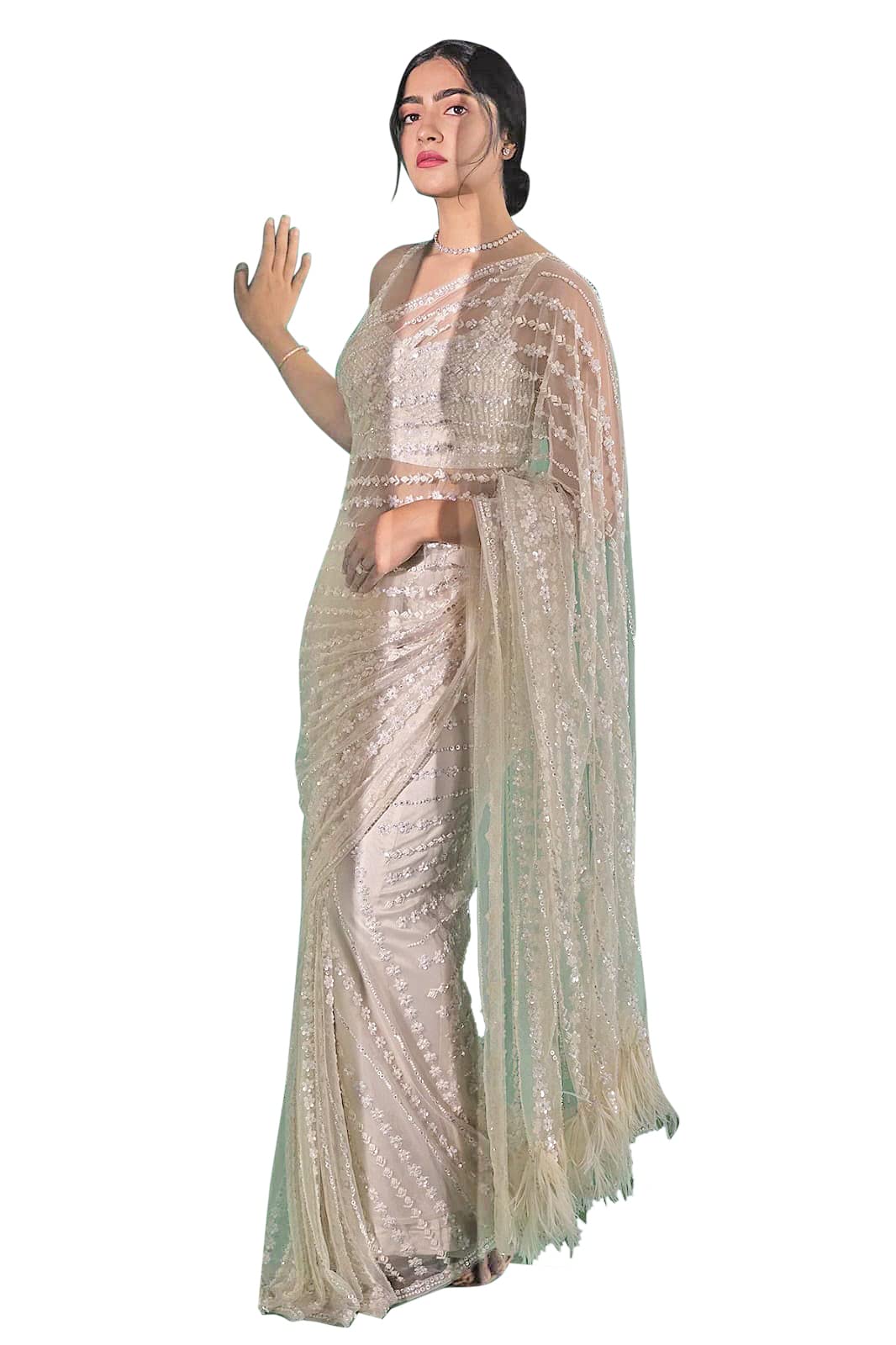 GenericMaitri Creation Women's Trendy Striped Sequence & Thread Work Pure Net Silk Saree with Unstitched Blouse Piece