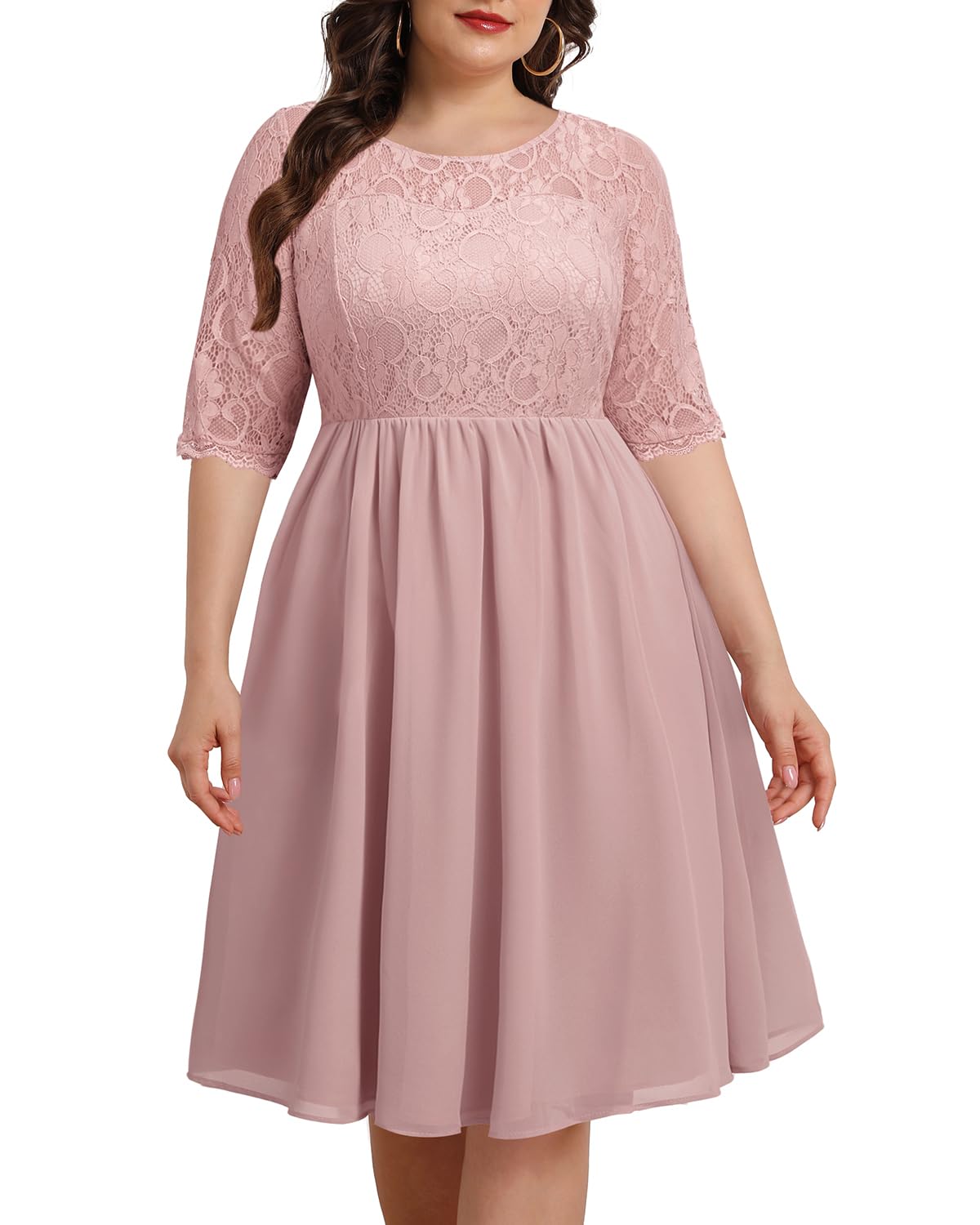 Plus Size Wedding Guest Dresses Women Cocktail Lace Chiffon Midi Dress | Lace top, chiffon midi skirt, half sleeves, high waist, elegant cocktail party, formal evening wear, soft lined fabric