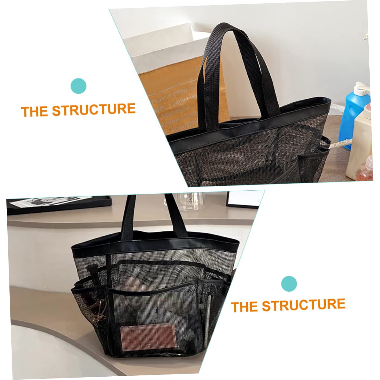 2pcs Mesh Laundry Bag Portable Mesh Bag Portable Shower Mesh Bag Storage Box Beach Travel, Black, 42X26X21CM