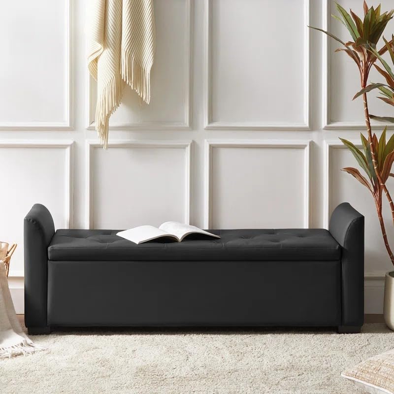 Image of Leather Upholstered Storage Ottoman Bench with Arms for Bedroom & Living Room | 3 Seater End of Bed Bench with Hidden Storage | Tufted Sofa Bench with Armrest, Entryway Seating Bench, Black