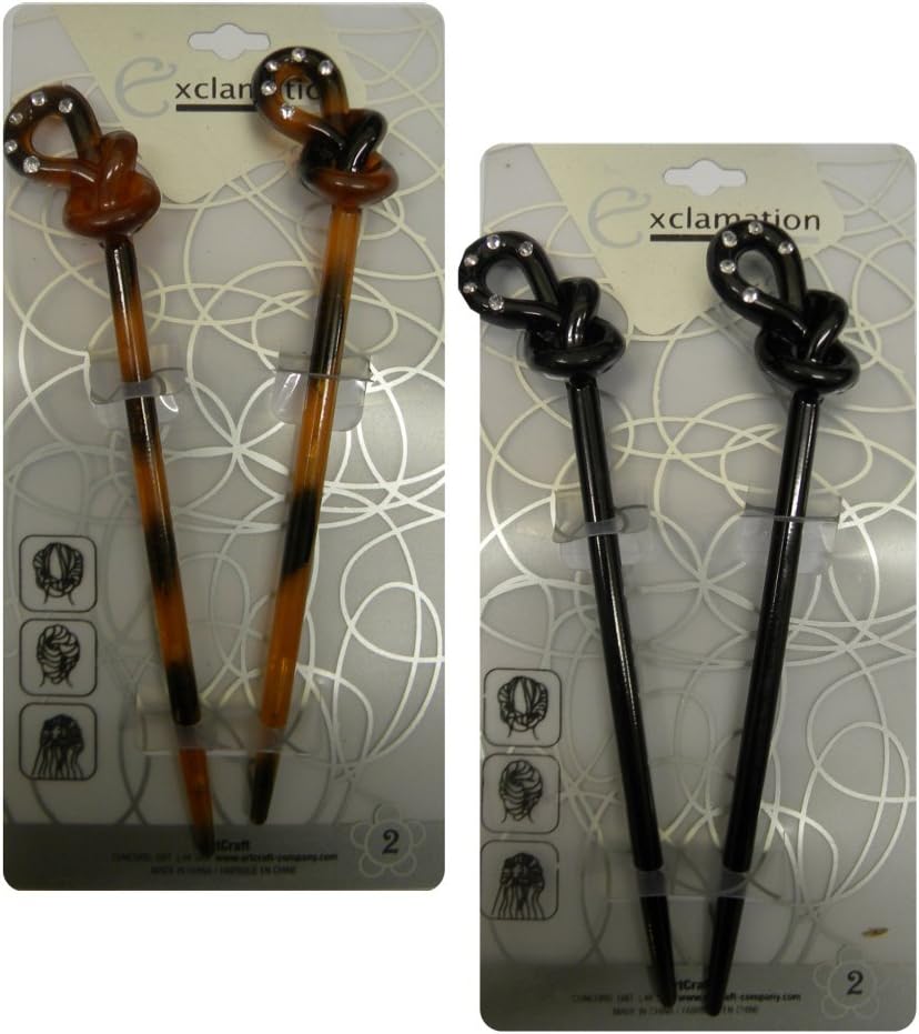 Knot Design Hair Sticks with Rhinestones, Two Sets of 2, Black and Tortoise Shell Brown (4 Pieces)
