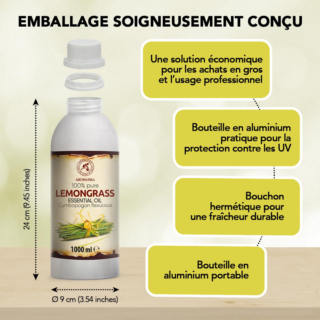 Huile Essentielle de Lemongrass 1000 ml - Cymbopogon Flexuosus - pour Diffuseur et Lampe Aroma - le Savon et les Bougies - Sauna - Parfums d'Intérieur - Arôme frais - Aromathérapie