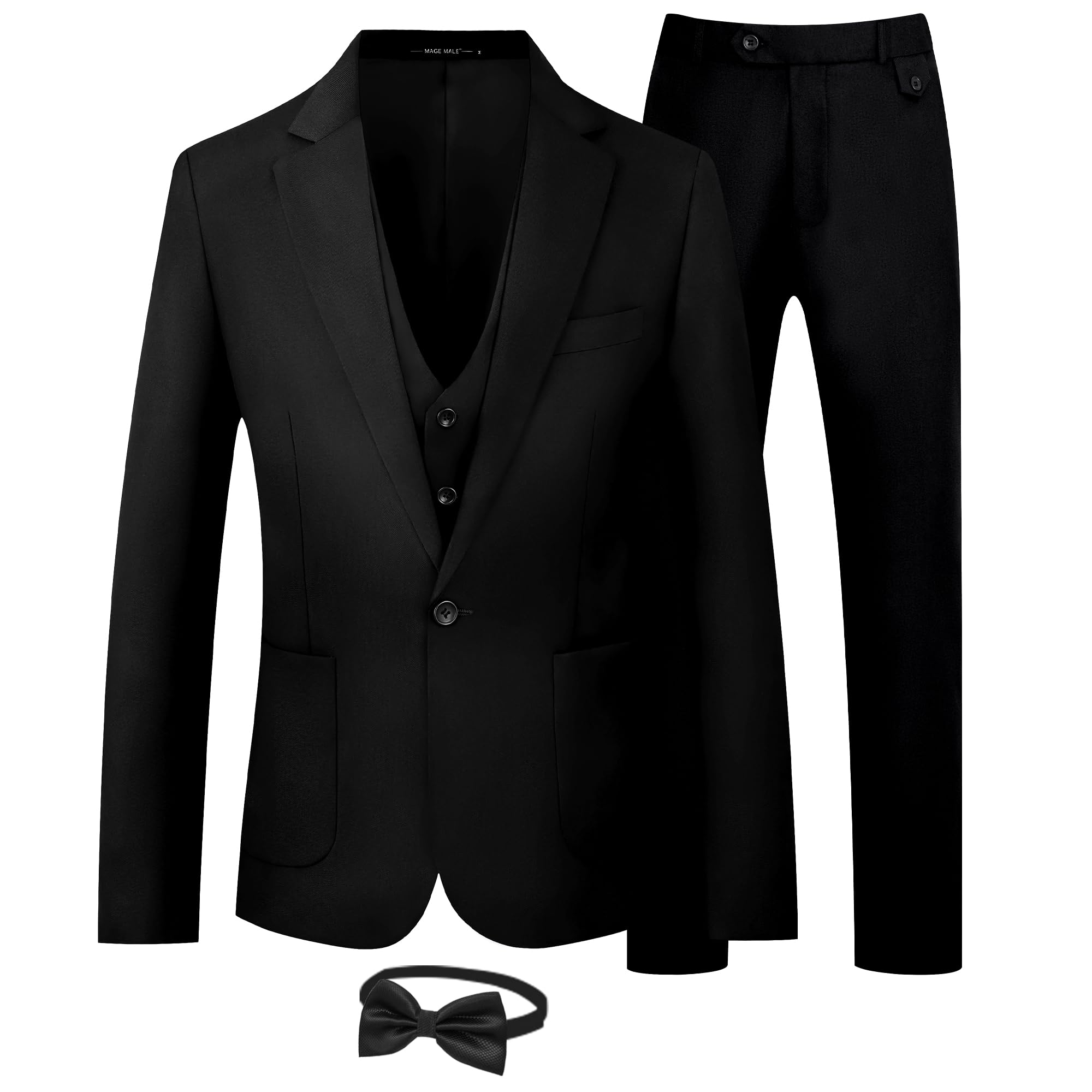MAGE MALEMens Tuxedo Suit Set 3 Piece Slim Fit Suits Wedding Prom Suits Patch Pockets Blazer Vest Pants Set with Bow TieGlobal Recycled StandardGlobal Recycled StandardGlobal Recycled Standard