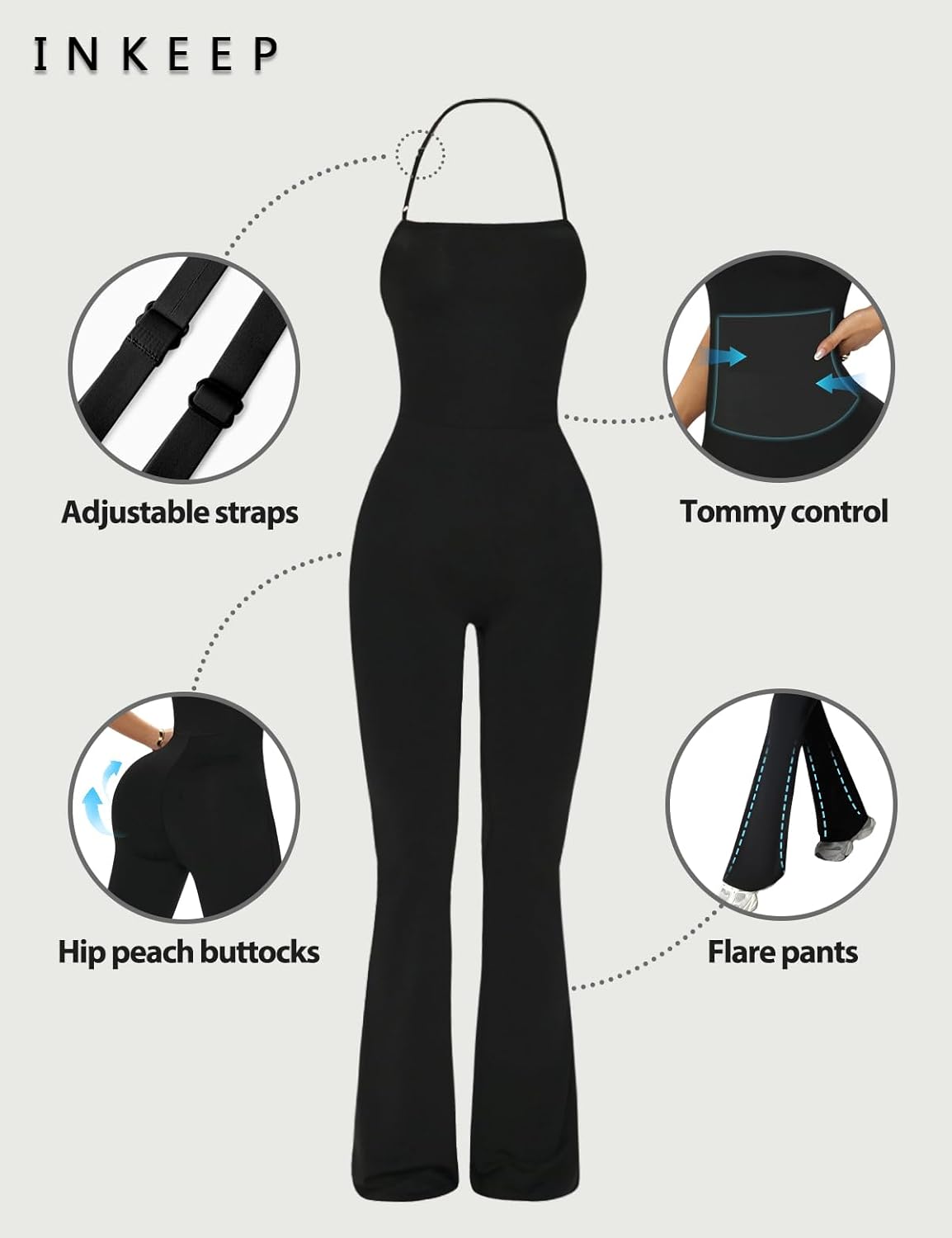 Women's Jumpsuit Adjustable Spaghetti Strap Romper Flare Leg Bodycon One Piece with Scoop Neck Tummy Control Jumpsuit - Image 2