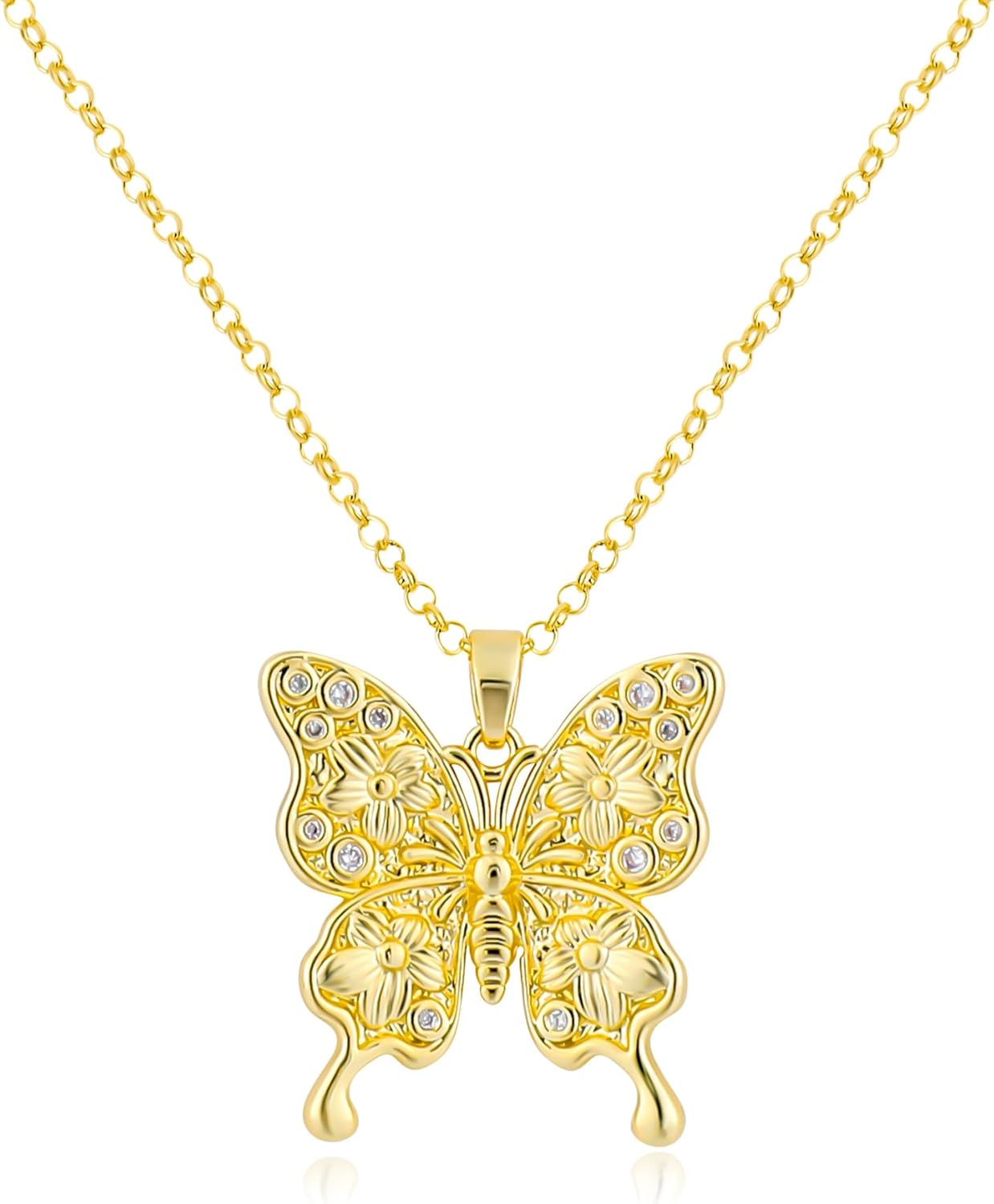 MOONWALTZ Gold Butterfly Necklace for Women 14K Gold Plated Hollow Butterfly Pendant Necklace Cubic Zirconia Butterfly Charm Necklaces Adjustable Trendy Insect Fairy Jewelry Gift for Women