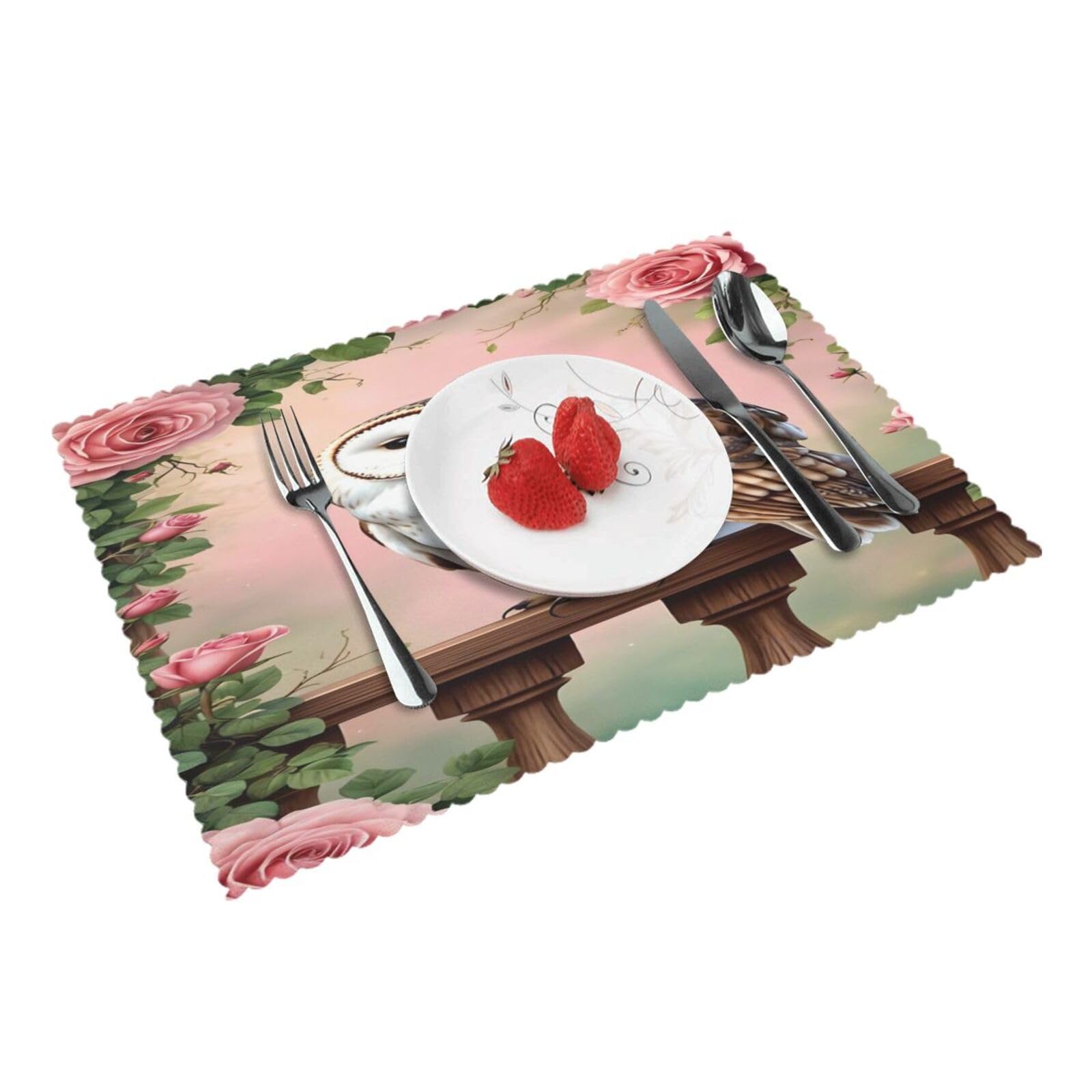 Owl Roses Placemats Set of 4 Print Table Mats Place Mats Table Decor for Kitchen Dining 12X18 in