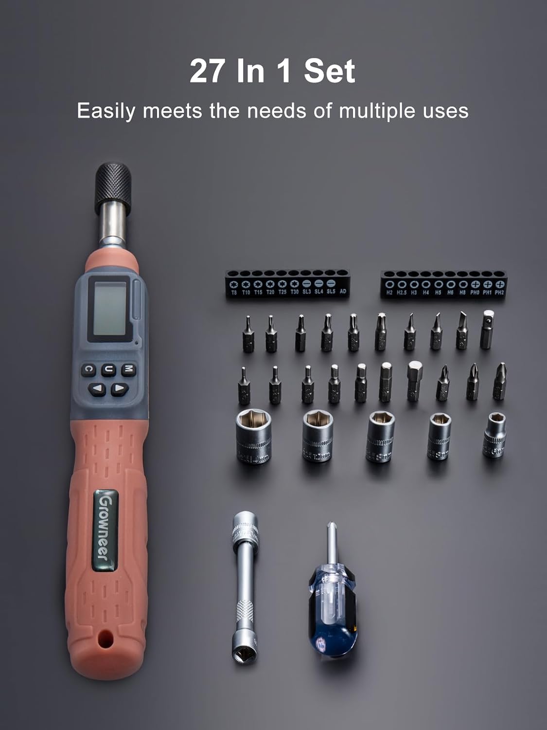 GROWNEER Digital Torque Screwdriver, 2.66-53.1 In-lbs/0.3-6 Nm, 1/4'' Drive Inch Pound Torque Screwdriver Electrician with Buzzer & LED Indicator, 27 In 1 Torque Wrench Screwdriver Set, Orange