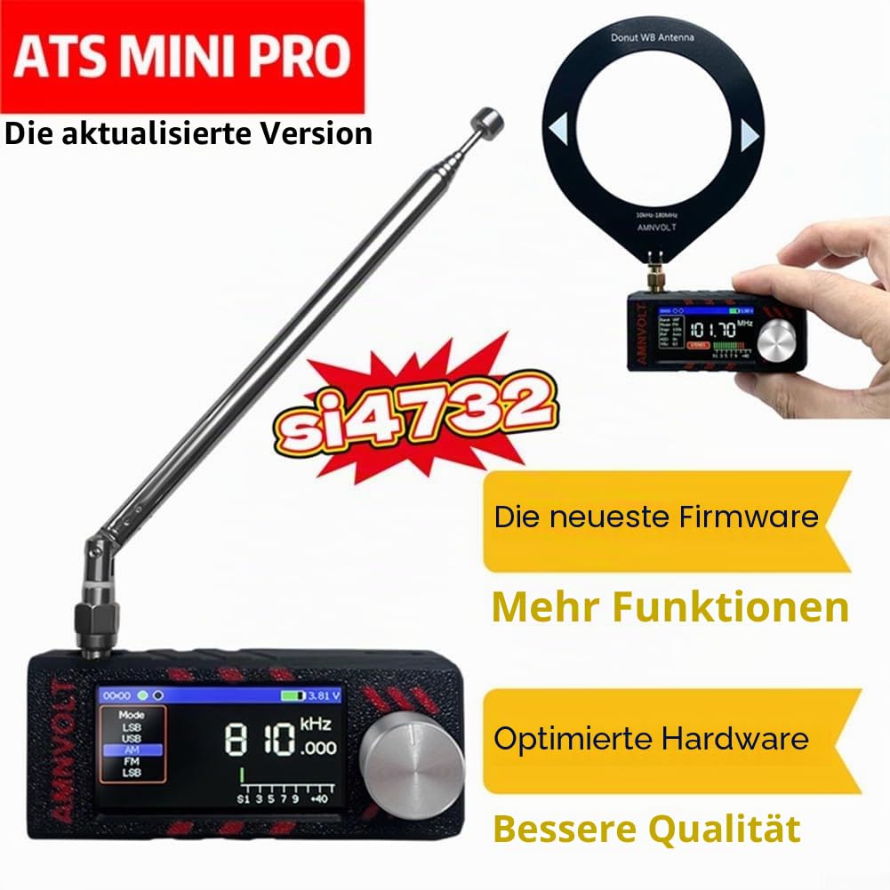 Verbesserter Mini SI4732 Vollband-Radio-Empfänger mit ESP32-S3-Mastersteuerung, 4,8 cm IPS-Farbdisplay, eingebauter Hi-Z-Schaltung, LSB USB AM FM-Modi, AGC ATT-Funktionen, 1 W Lautsprecher (schwarz)